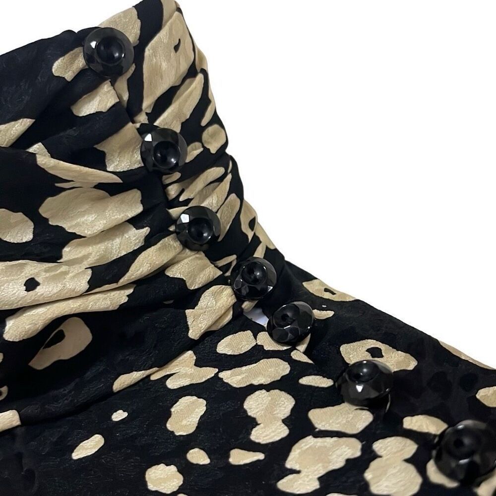 Tuleh Black Gold Animal Leopard Print 100% Silk High Neck Blouson Midi Dress XS‎ - Picture 5 of 12